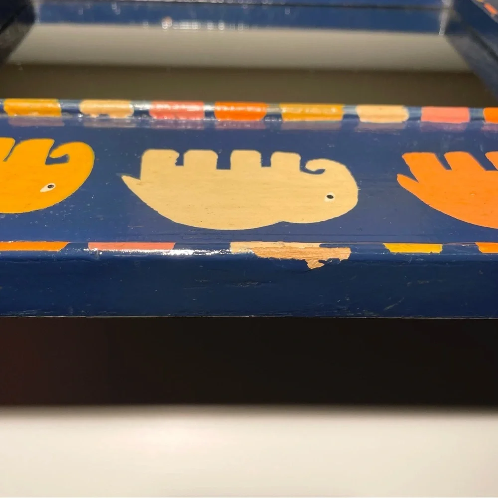 VTG Hand Painted Framed Rectangular Wall Mirror Elephant Motif Blue Orange